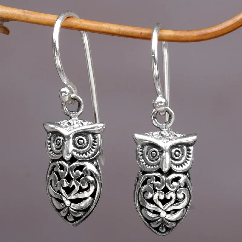 Handcrafted Sterling Silver 'Owl Heart' Earrings (Indonesia) - 10mm W * 30mm L