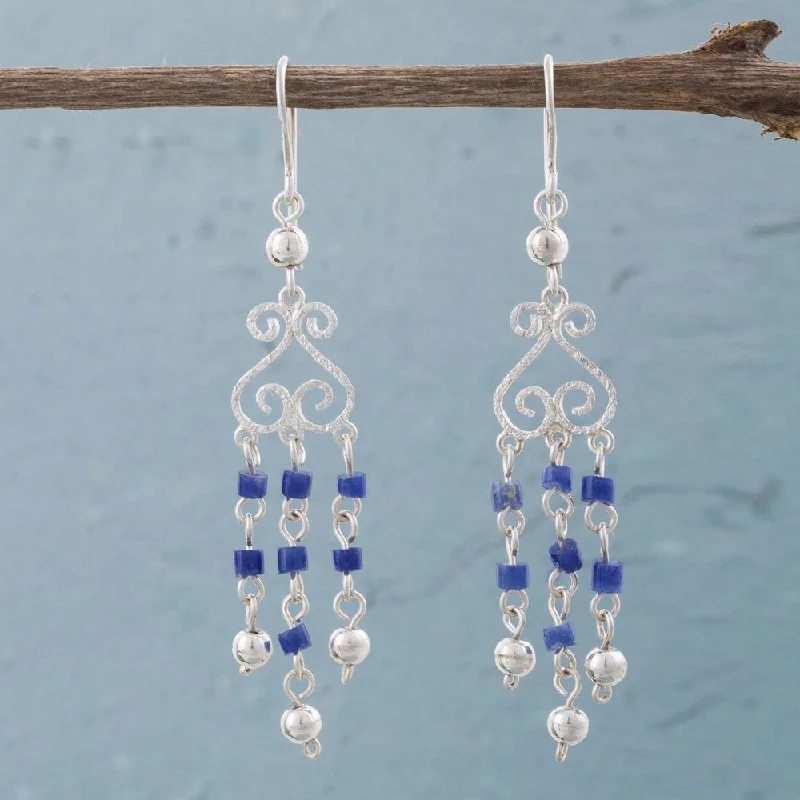 Handmade Sterling Silver 'Blue Curls' Sodalite Earrings (Peru) - 2.8L*0.6W