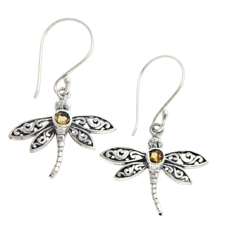 Handmade Sterling Silver 'Enchanted Dragonfly' Citrine Earrings (Indonesia) - 1.3*0.9