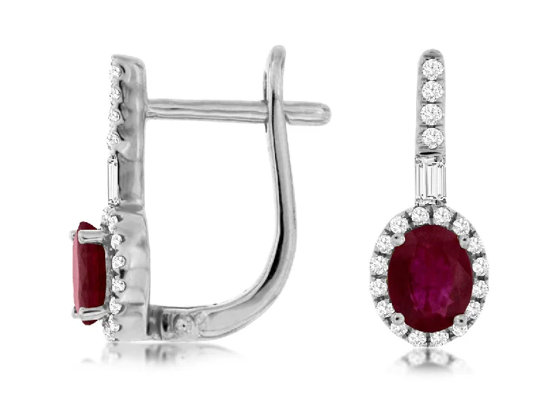 14K White Gold Ruby and Diamond Huggie Earrings