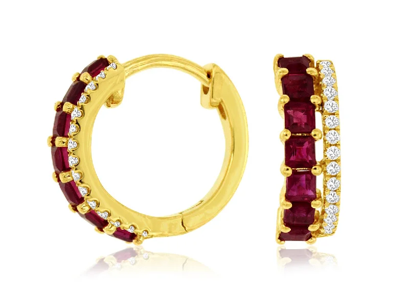 14K Yellow Gold Ruby and Diamond Huggie Earrings