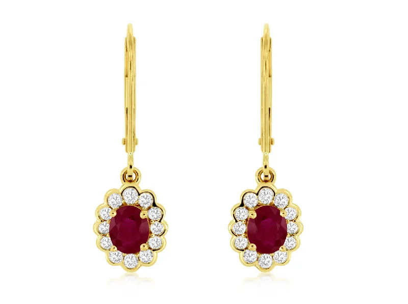 14K Yellow Gold Ruby and Diamond Drop Earrings