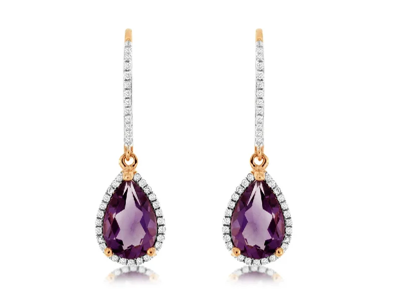 14KT PG .22CTW(ER)(P)AMETHYST/PAVE DIAMOND TEARDROP DANGLE LEVERBACKS