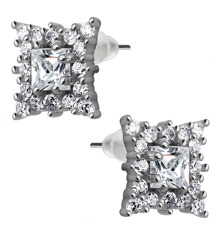 Square CZ Cluster Sterling Silver Earrings