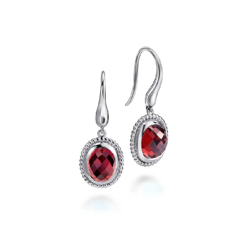 Sterling Silver Beaded Oval Garnet Drop Earrings